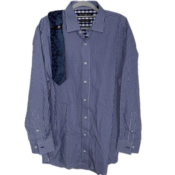 Nick Graham Dress Shirt Stretch Modern Fit Blue Plaid w/Tie 16 16 1/2 32-33 Lg - Picture 3 of 10